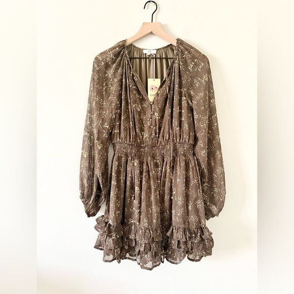 entro Dresses & Skirts - NWT Entro Long Sleeve Ruffle Mini Dress in Brown Multi Abstract Print - Size S